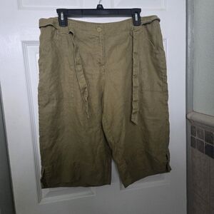J. Jill Olive Green Linen Bermuda Shorts With Belt Size 12 Travel Vacation